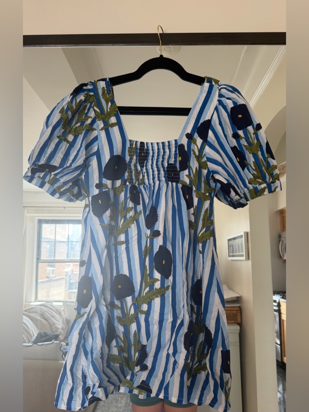 Blue Striped Floral Puff-Sleeve Tunic Dress